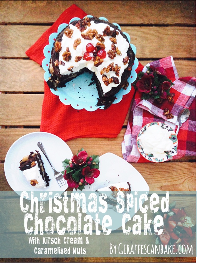 Spiced Chocolate Christmas Cake - This Christmas Spiced Chocolate Cake is full of delicious festive spices, filled with spiced caramel and topped with Kirsch Cream and Caramelised Nuts! Perfect for the holiday season. 