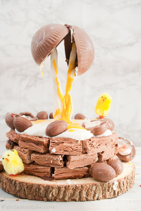 Creme Egg Anti-Gravity Brownie Easter Nest! - A truly decadent showstopper for Easter. Fudgy brownie covered in rich chocolate ganache and sitting in a Cadbury Flake nest. With a cracked chocolate egg spilling Creme Egg filling all over! With a photo guide for how I did it!