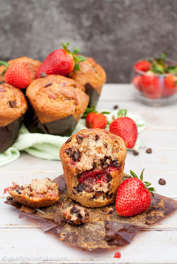 Strawberry Chocolate Chip Jumbo Muffins - Really moist bakery style muffins full of chocolate chips and a gooey strawberry sauce centre. These Strawberry Chocolate Chip Jumbo Muffins are super-sized, absolutely delicious and taste just like they came from a fancy bakery.