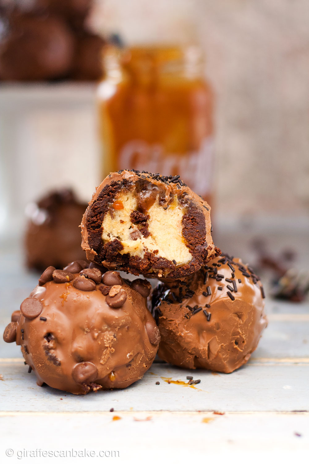 Gluten Free Cookie Dough Brownie Bombs with Salted Caramel These