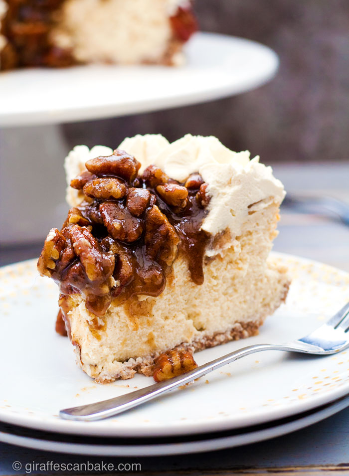 Gluten Free Pecan Pie Cheesecake - This Gluten Free Pecan Pie Cheesecake is the perfect way to shake up Thanksgiving dessert! It's has a gluten free pecan and walnut crust with creamy baked vanilla cheesecake, a bourbon pecan pie topping and bourbon brown sugar whipped cream. So delicious, so easy and make ahead! 