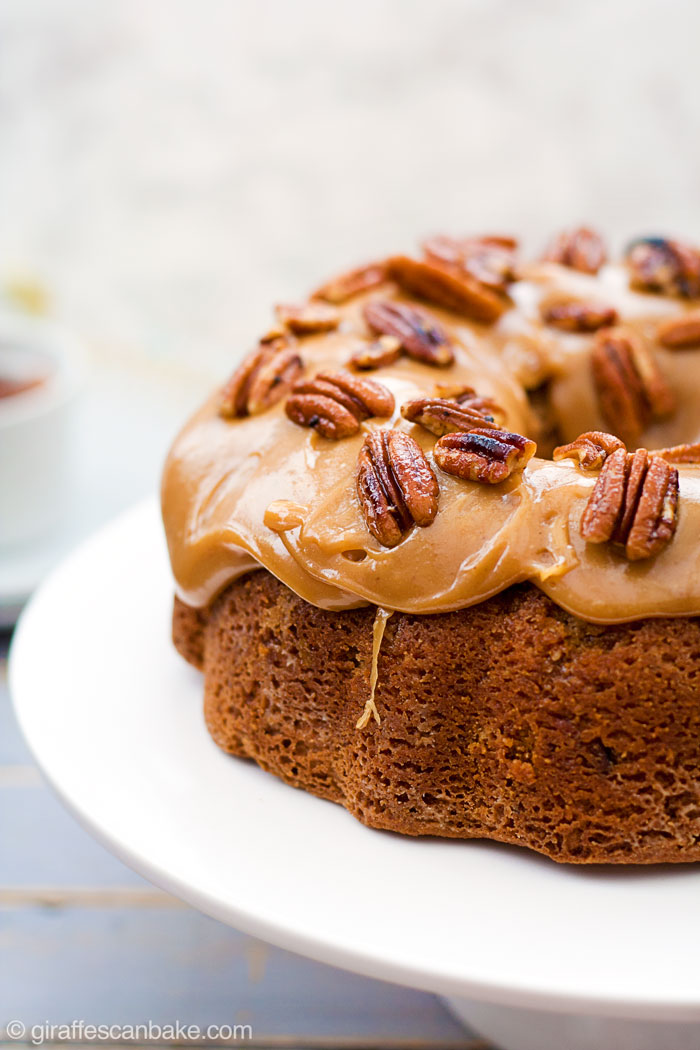 Gluten Free Brown Sugar and Pecan Caramel Bundt Cake - This Gluten Free Brown Sugar and Pecan Caramel Bundt Cake is packed full of pecans and toffee bits, with a moist and tender crumb, smothered in thick, gooey caramel, topped with butter toasted pecans!