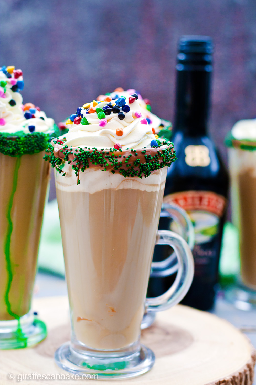 Mint Irish Latte - Put a little luck of the Irish in your morning coffee with this Mint Irish Latte. Crème de Menthe is combined with Baileys Irish Cream in a chocolate and sprinkles rimmed glass, rich espresso and frothy milk is then poured over the top. Add some vanilla whipped cream and rainbow sprinkles to finish it off with a touch of magic! The best way to drink coffee this St Patrick’s Day!