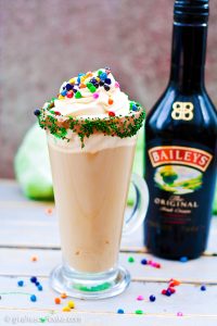 Mint Irish Latte - Put a little luck of the Irish in your morning coffee with this Mint Irish Latte. Crème de Menthe is combined with Baileys Irish Cream in a chocolate and sprinkles rimmed glass, rich espresso and frothy milk is then poured over the top. Add some vanilla whipped cream and rainbow sprinkles to finish it off with a touch of magic! The best way to drink coffee this St Patrick’s Day!