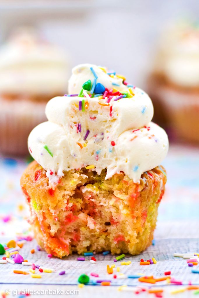 Fluffy vanilla gluten free cupcakes loaded with sprinkles, topped with delicious whipped vanilla buttercream and even more sprinkles. These Funfetti Cupcakes are the perfect way to celebrate my (or your) birthday!