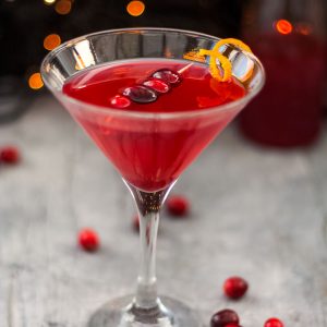 The Cranberry Martini is a sweet and slightly tart festive cocktail, made with a homemade cranberry shrub to give it a little bit of zing - cranberry martini with cranberry garnish, square cropped
